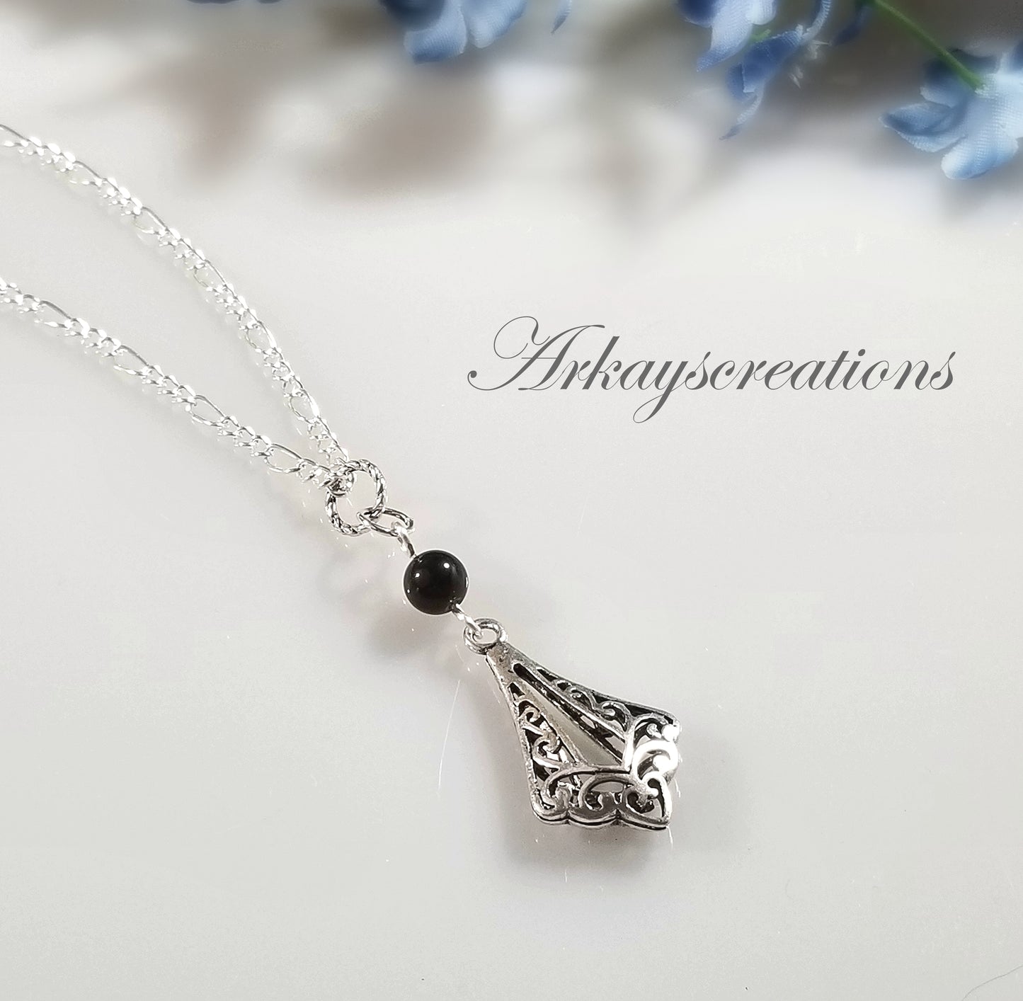 Black Obsidian Filigree Necklace Romantic Gift