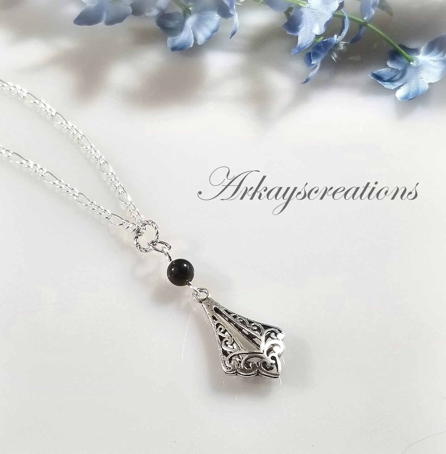 Black Obsidian Filigree Necklace Romantic Gift