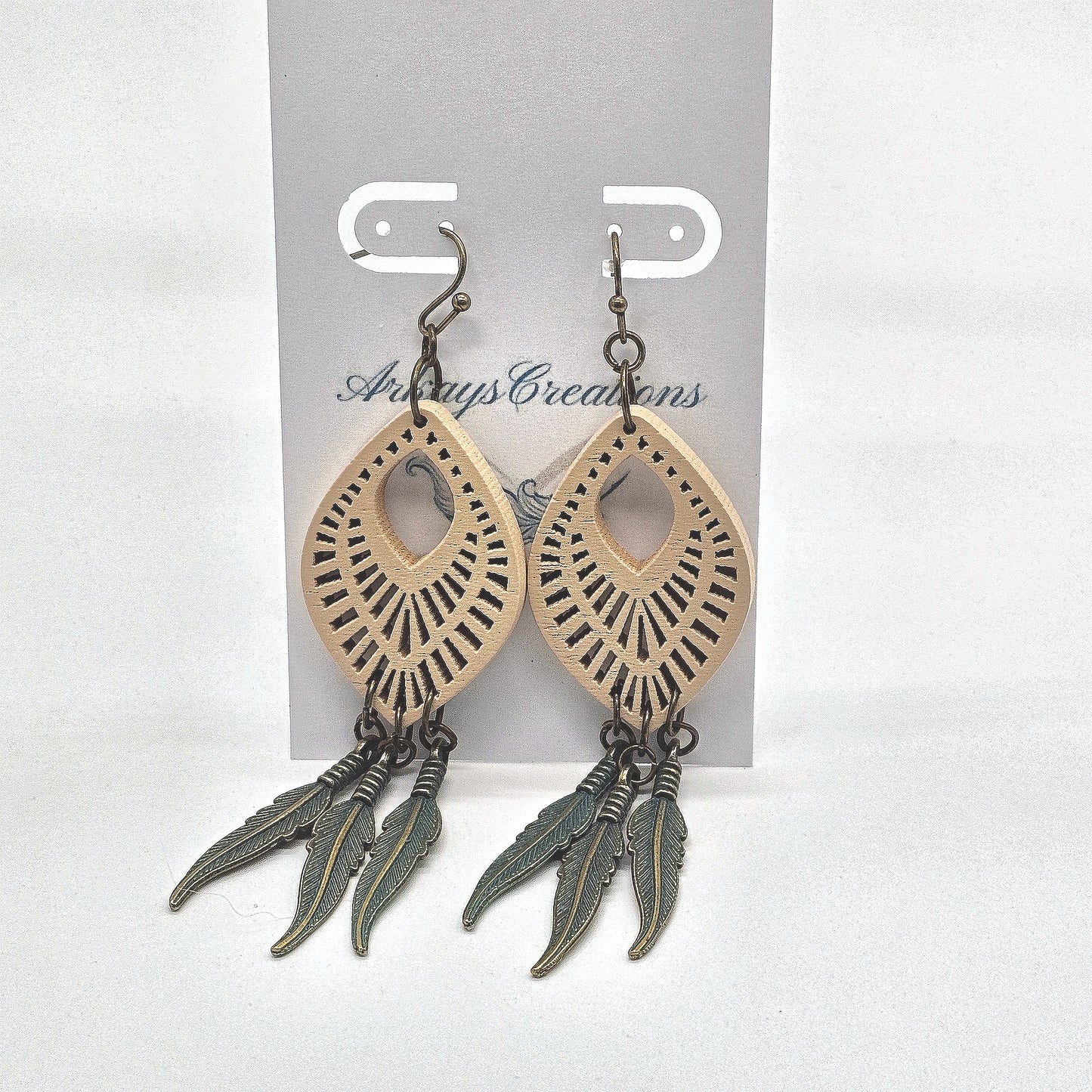 Boho Chic Wooden Earrings with Feather Drops - Unique Festival Fashion