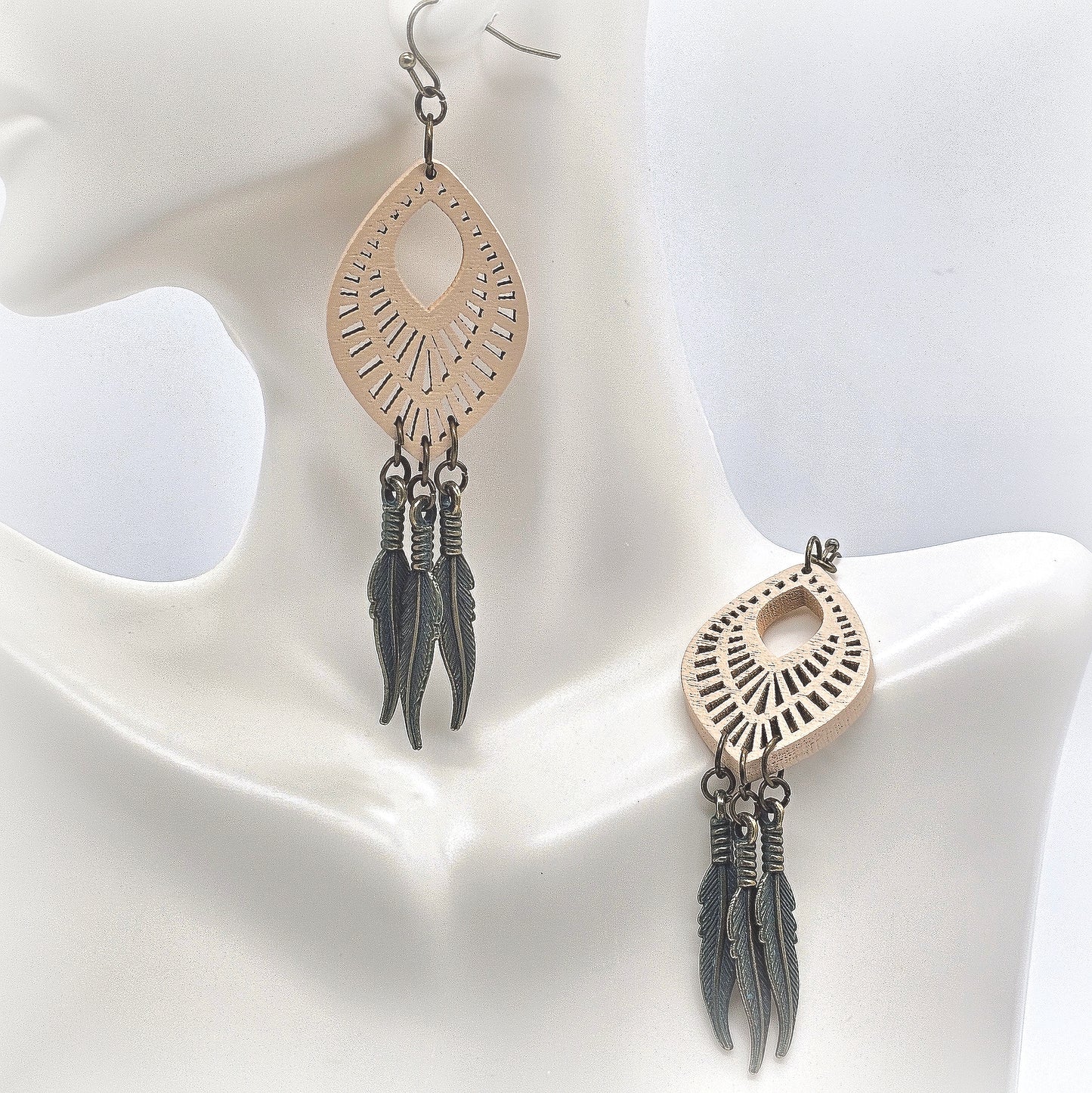 Boho Chic Wooden Earrings with Feather Drops - Unique Festival Fashion