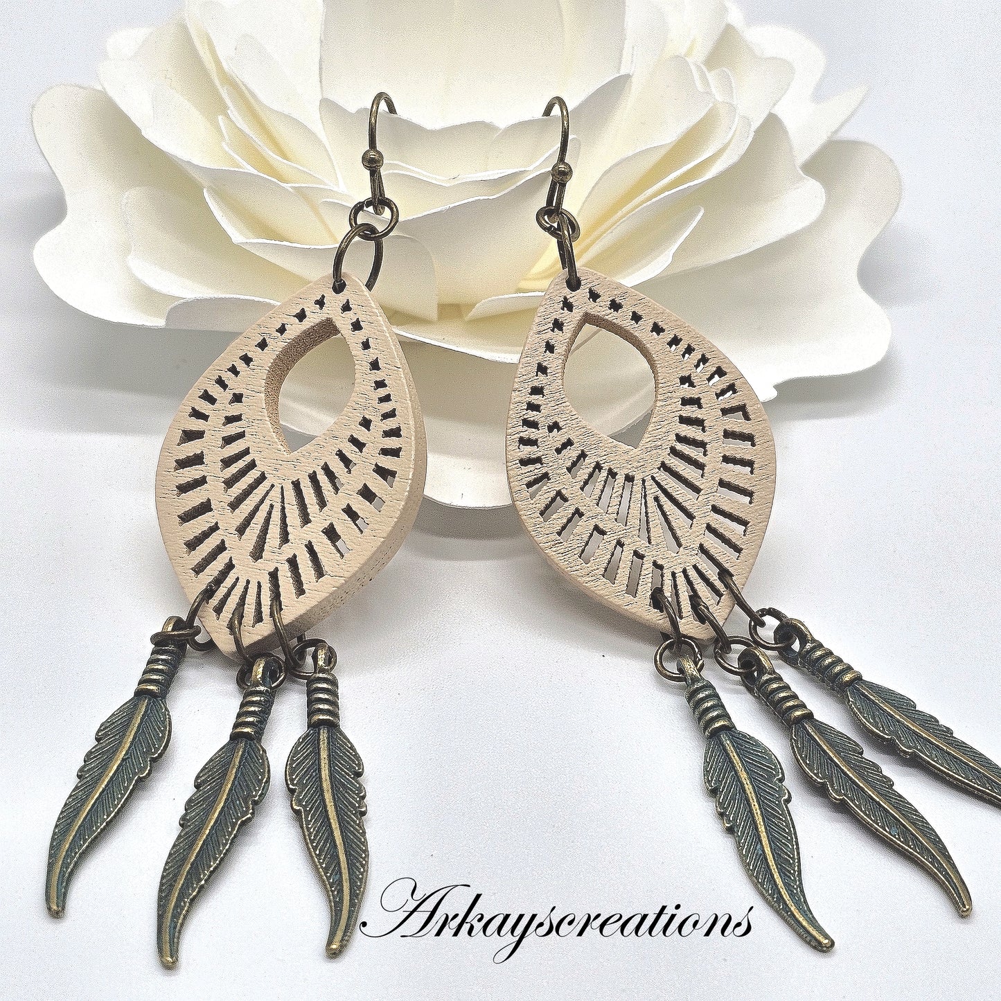 Boho Chic Wooden Earrings with Feather Drops - Unique Festival Fashion