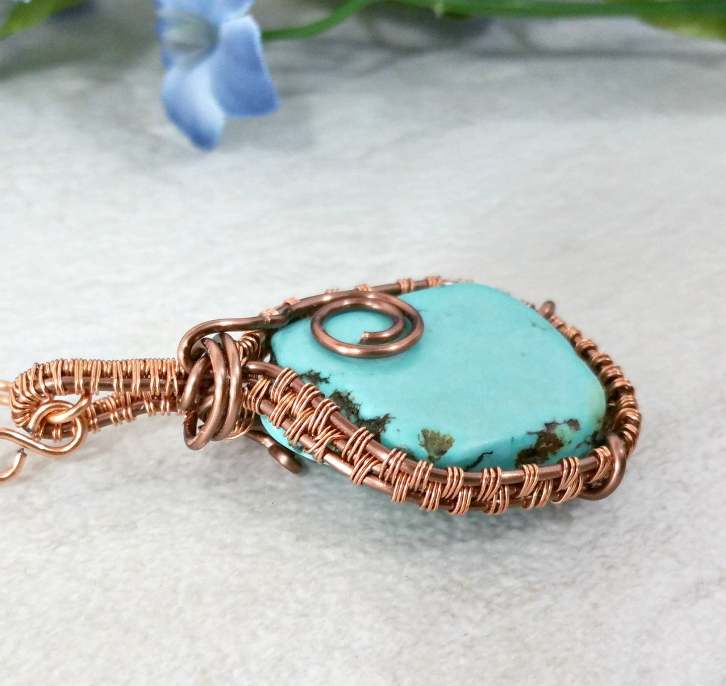 Wire Wrapped Blue Magnesite Turquoise Necklace, Copper Weave Jewelry