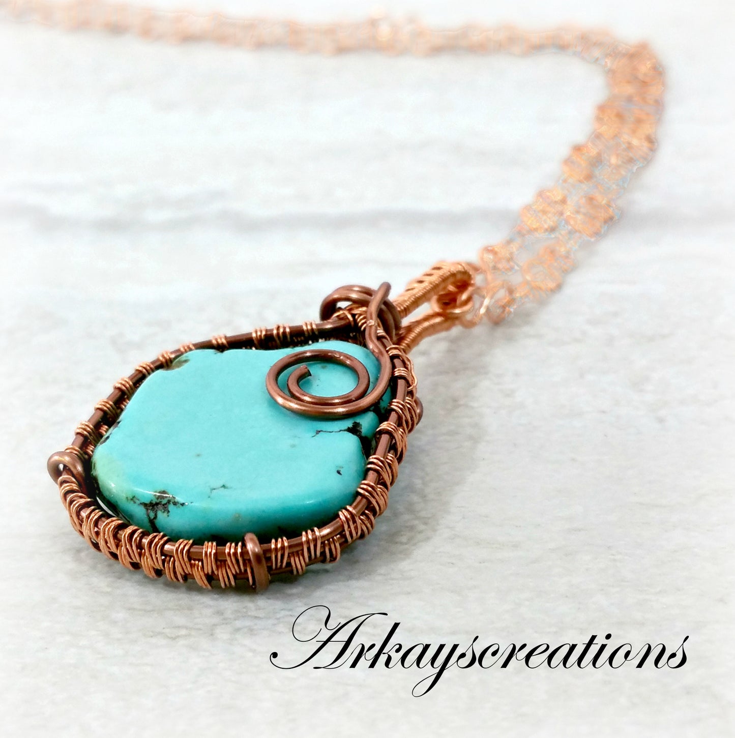 Wire Wrapped Blue Magnesite Turquoise Necklace, Copper Weave Jewelry