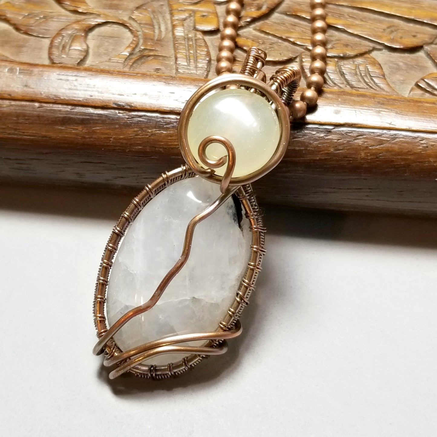 Wire Wrapped Moonstone Cat Pendant Necklace