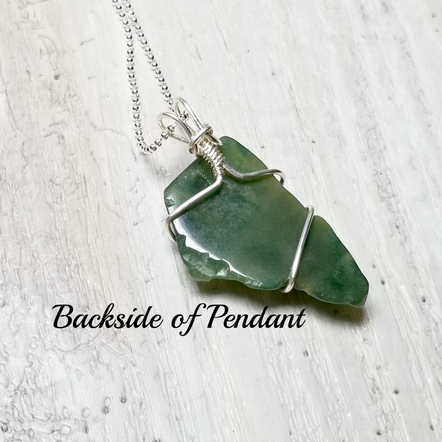 Wire Wrapped Moss Agate, Sterling Silver Necklace, Green Raw Stone Jewelry