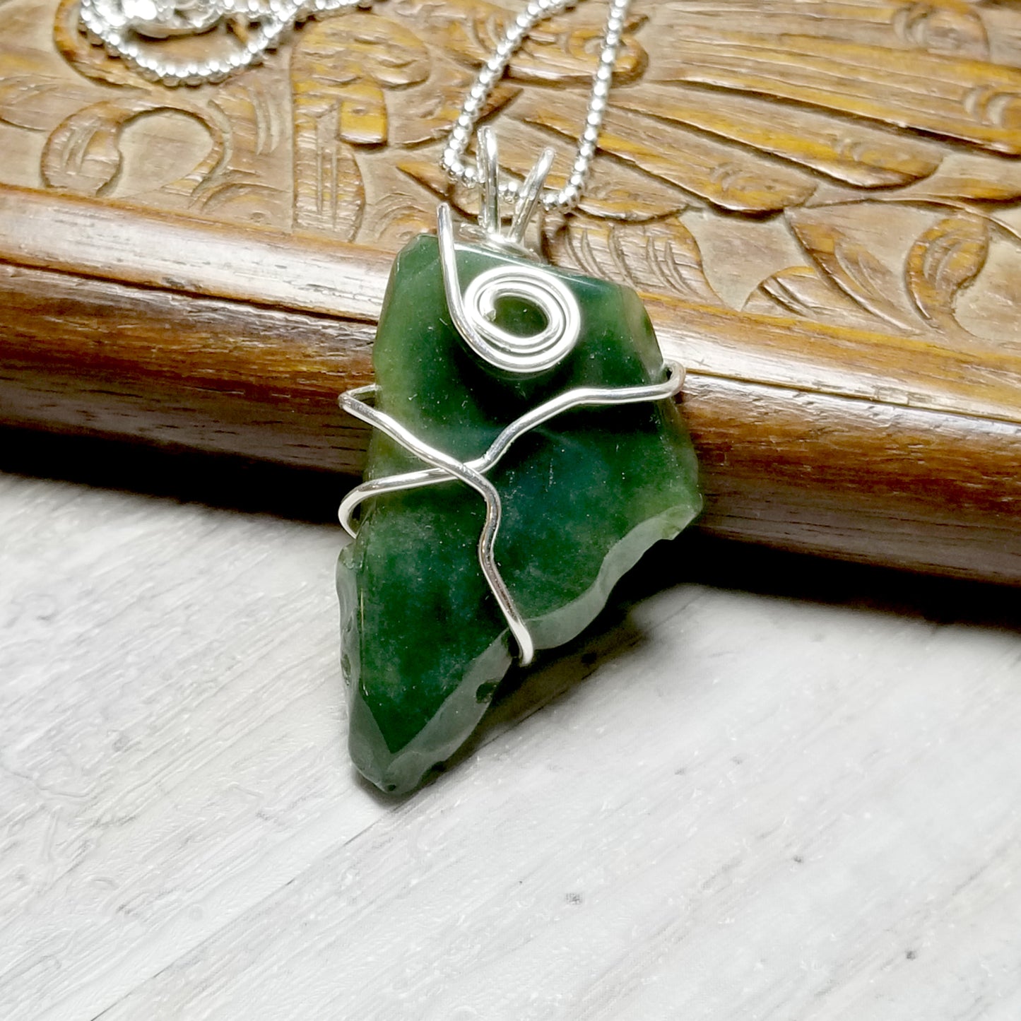 Wire Wrapped Moss Agate, Sterling Silver Necklace, Green Raw Stone Jewelry