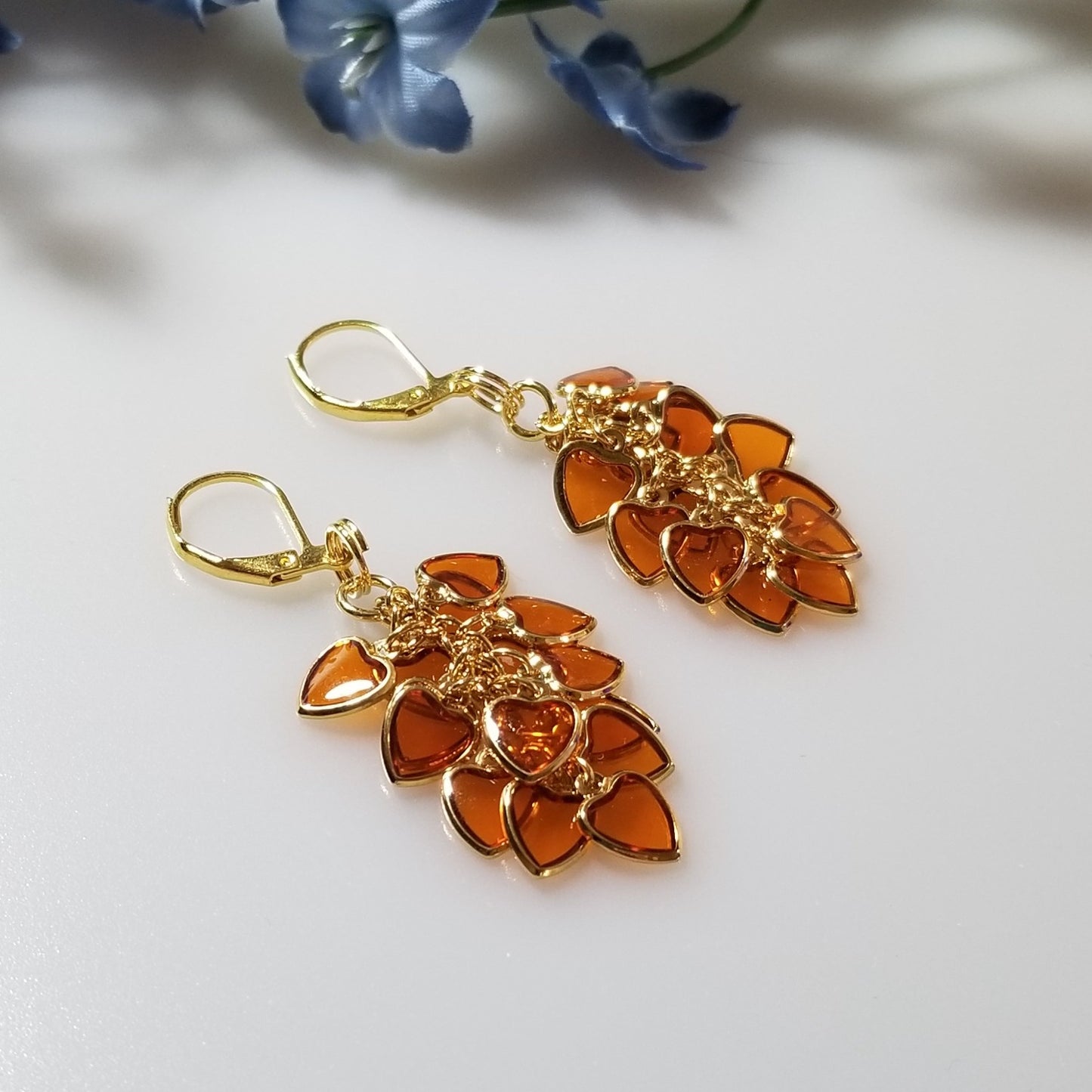 Autumn Earrings in Gold, Amber Hearts