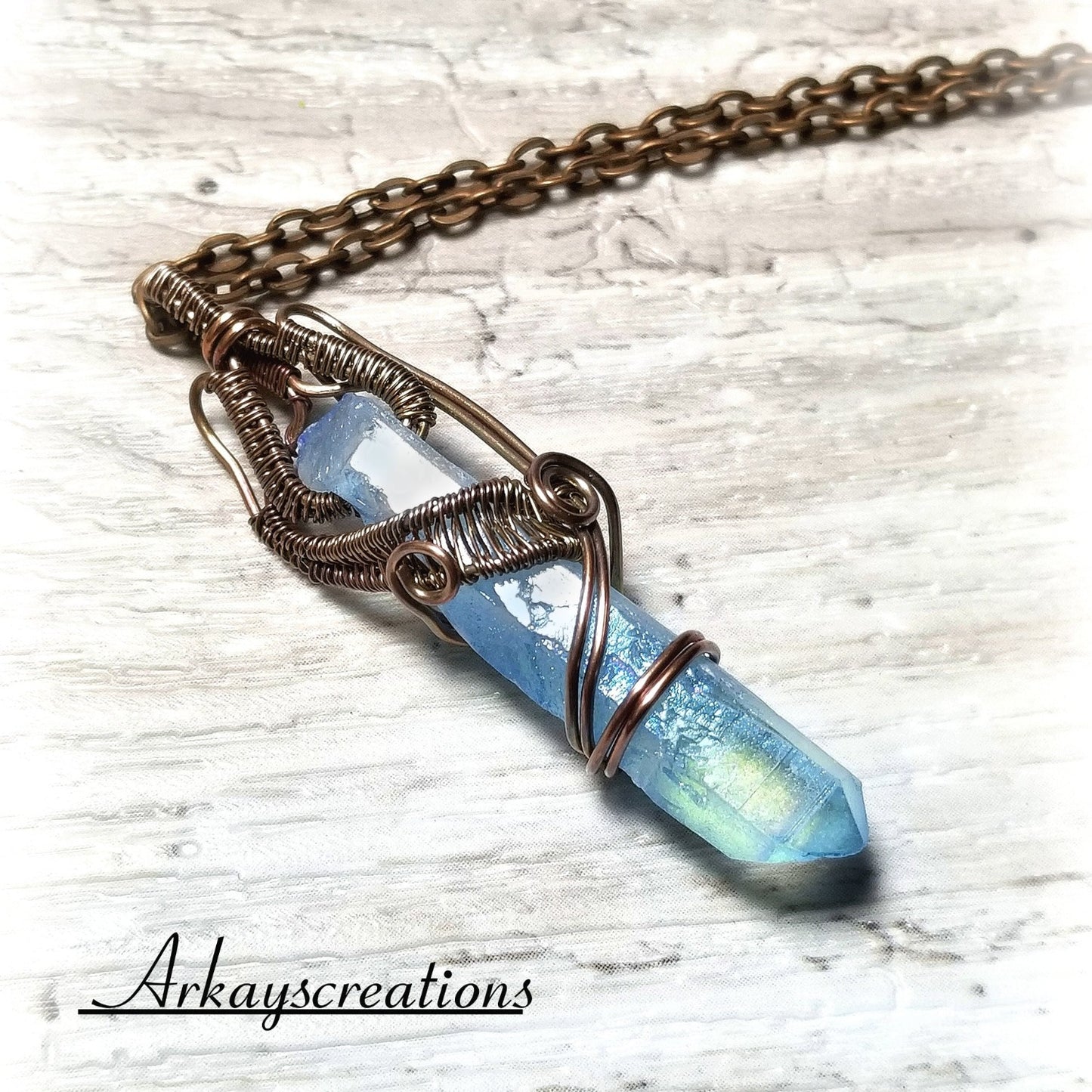 Aqua Aura Quartz Necklace, Wire Wrapped Blue Crystal
