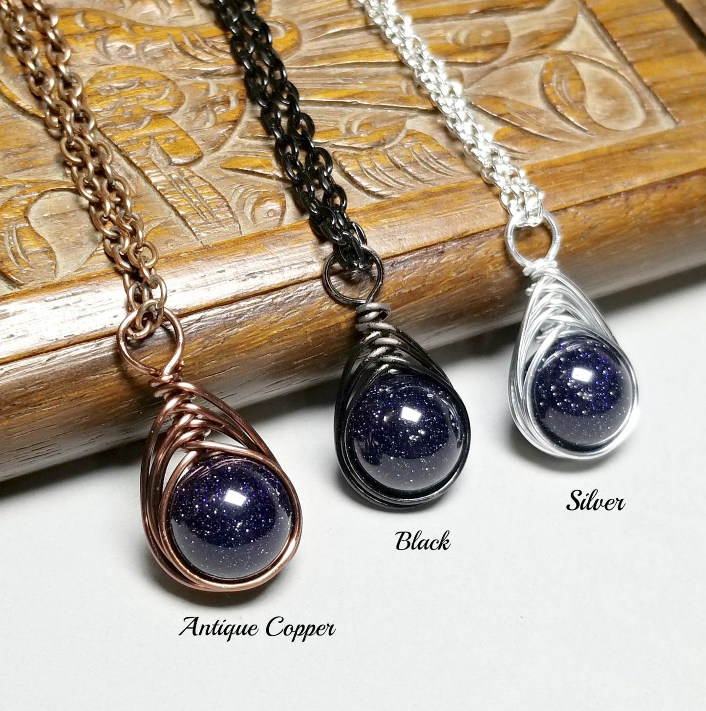 Blue Goldstone Necklace, Artisan Herringbone Jewelry