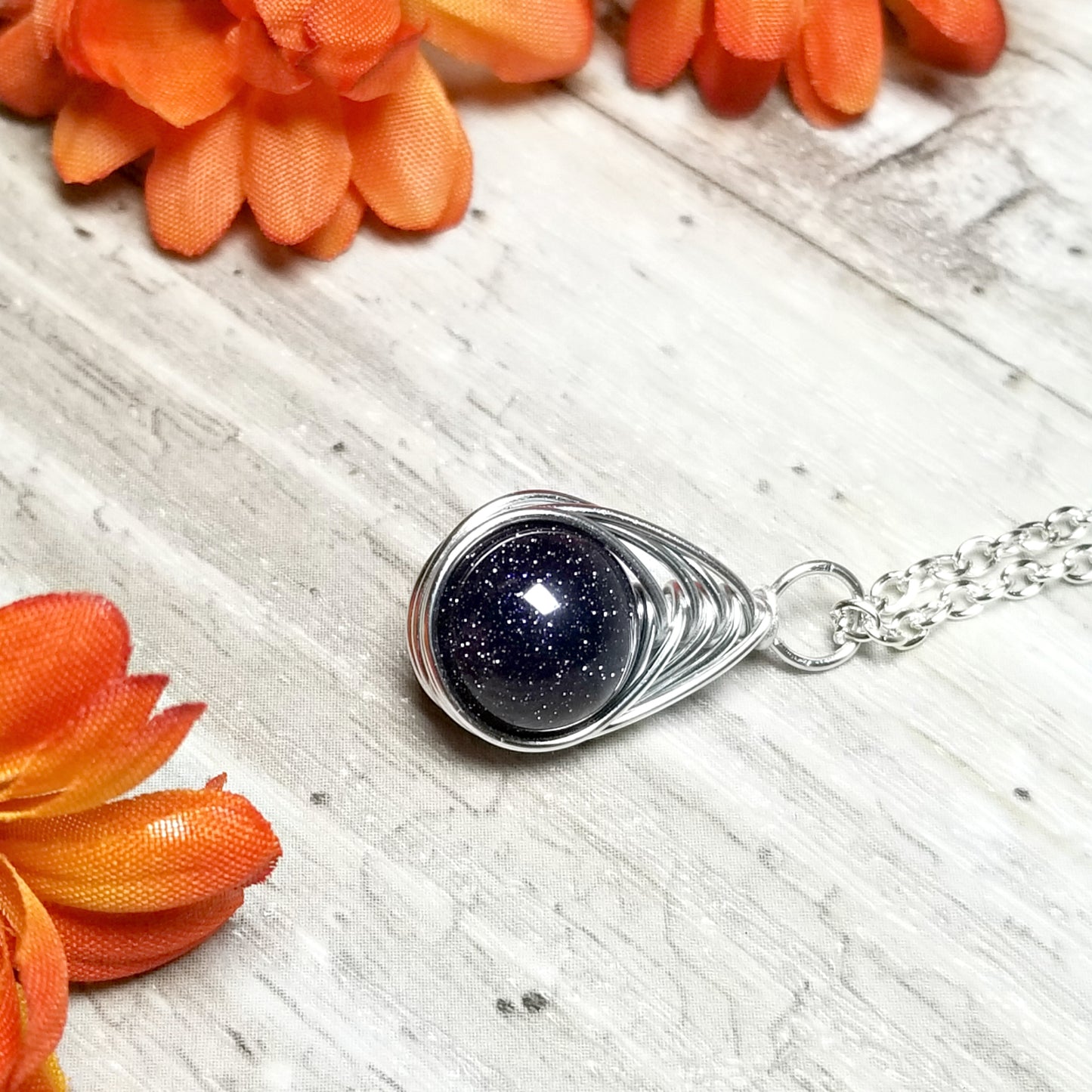 Blue Goldstone Necklace, Artisan Herringbone Jewelry