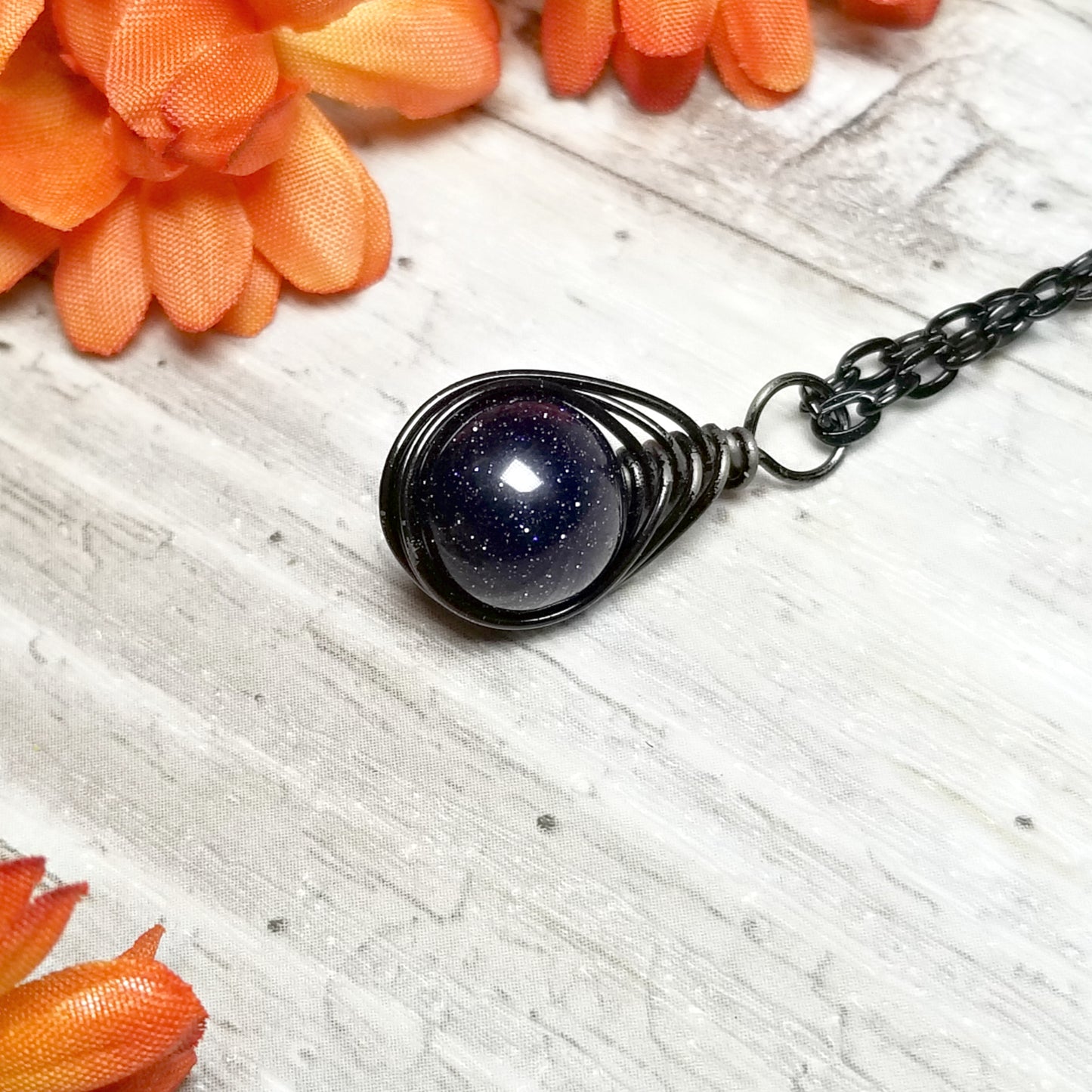 Blue Goldstone Necklace, Artisan Herringbone Jewelry