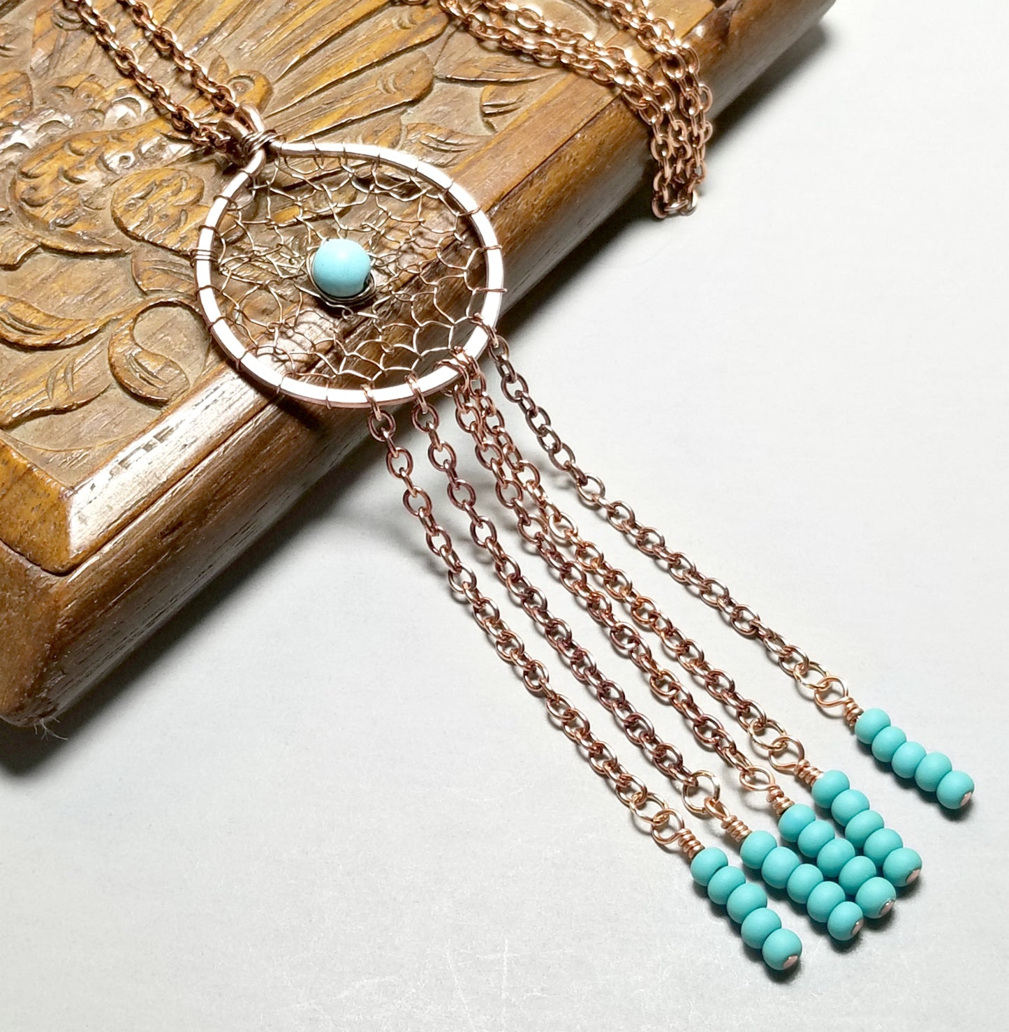 Boho Dreamcatcher Pendant Necklace, Wire Wrapped