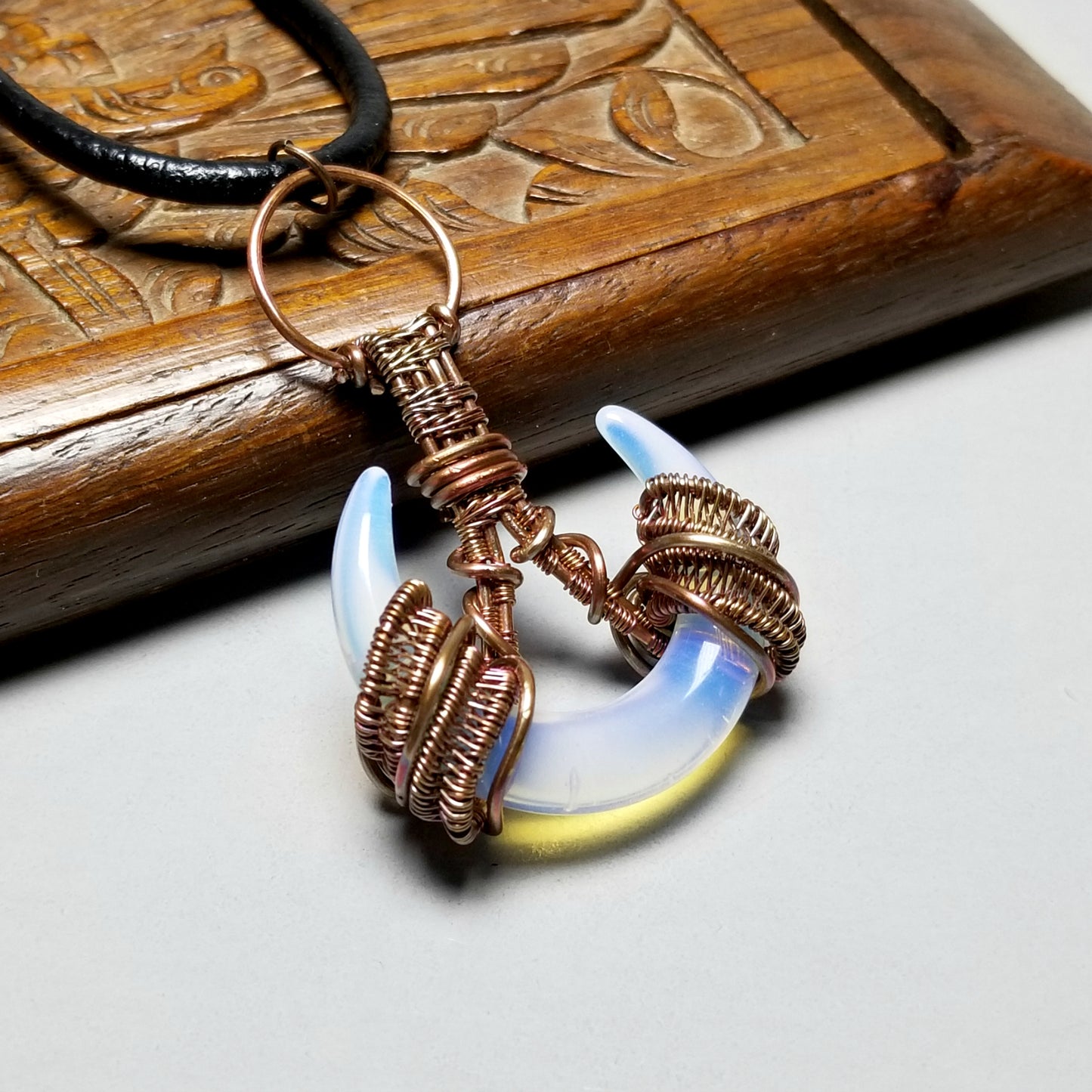 Double Horn Necklace, Wire Wrapped Opalite Moon Pendant