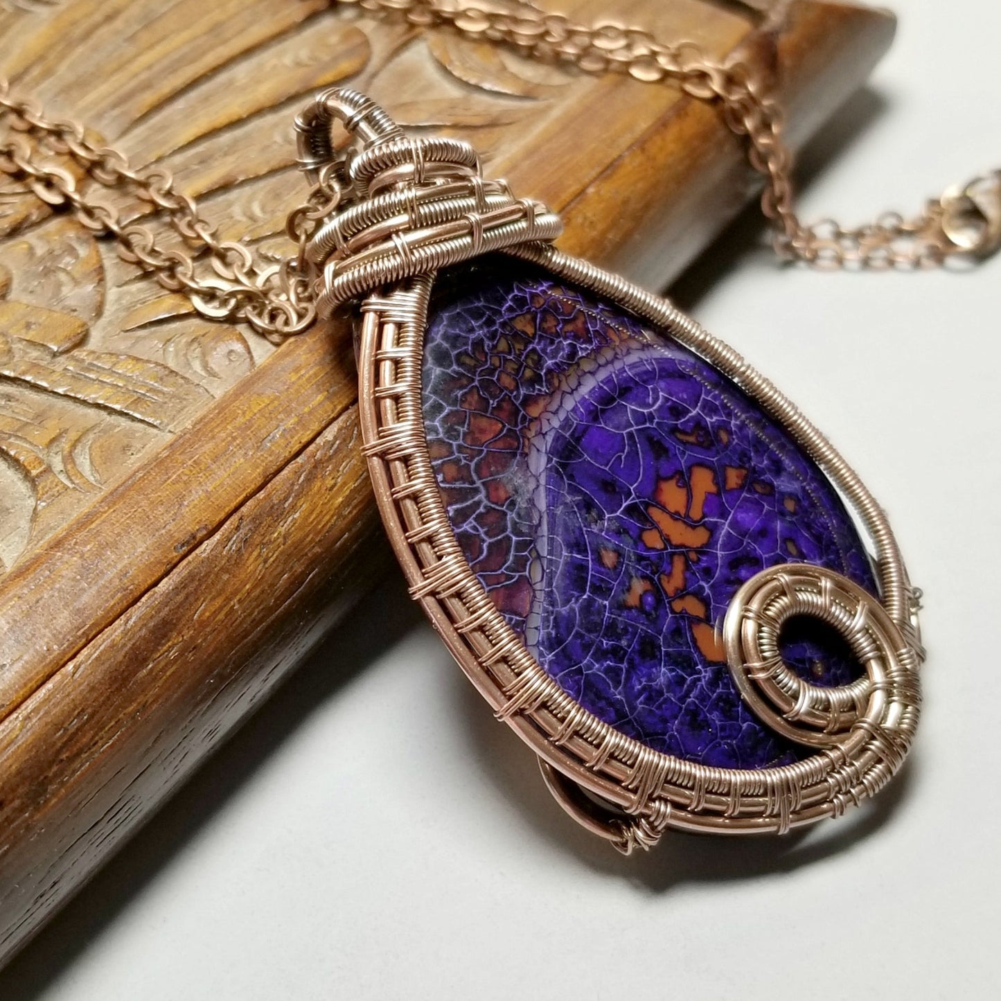 Dragon Vein Agate Purple Pendant Necklace, Wire Wrapped Gemstone Jewelry