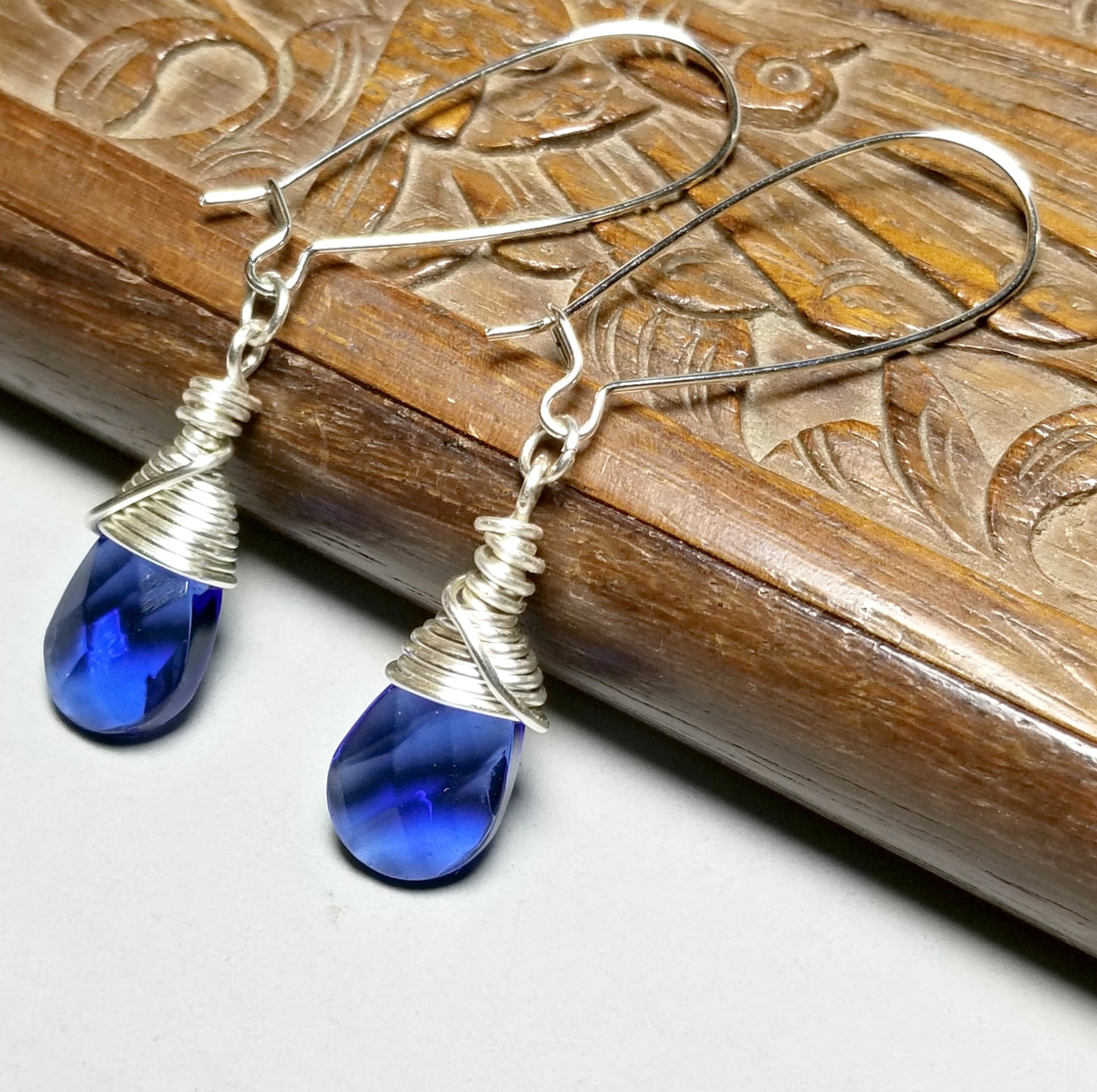 Earrings Sapphire Blue Glass, Wire Wrapped Cobalt Blue Jewelry