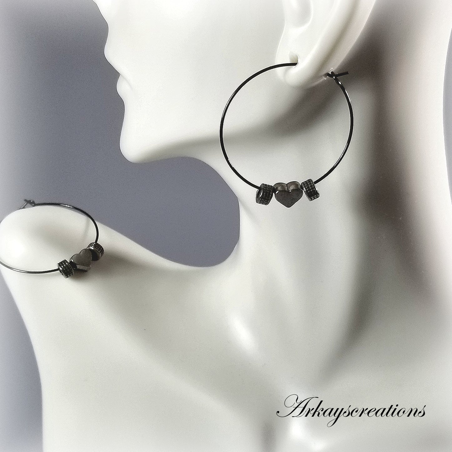 Heart Hoop Earrings, Black Gunmetal Jewelry for Women, Lightweight Hoops