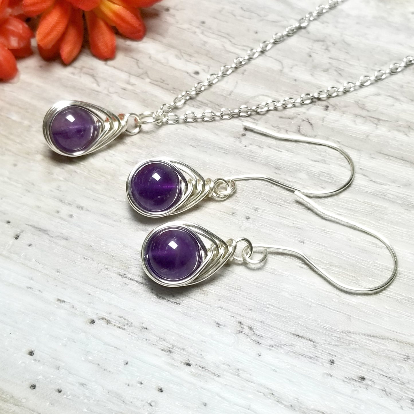 Matching Necklace Earrings Amethyst Jewelry Set