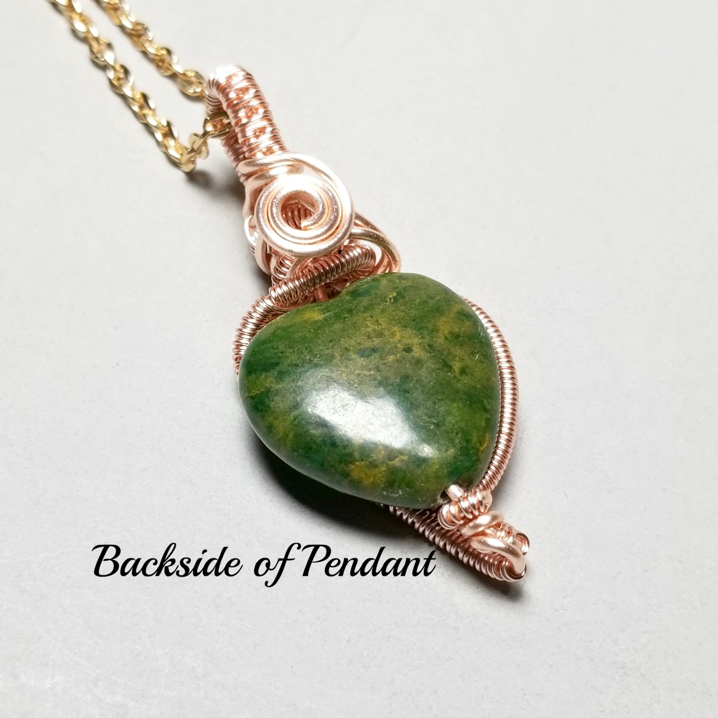 Rose Gold Wire Weave Pendant, Green Unakite Stone Necklace