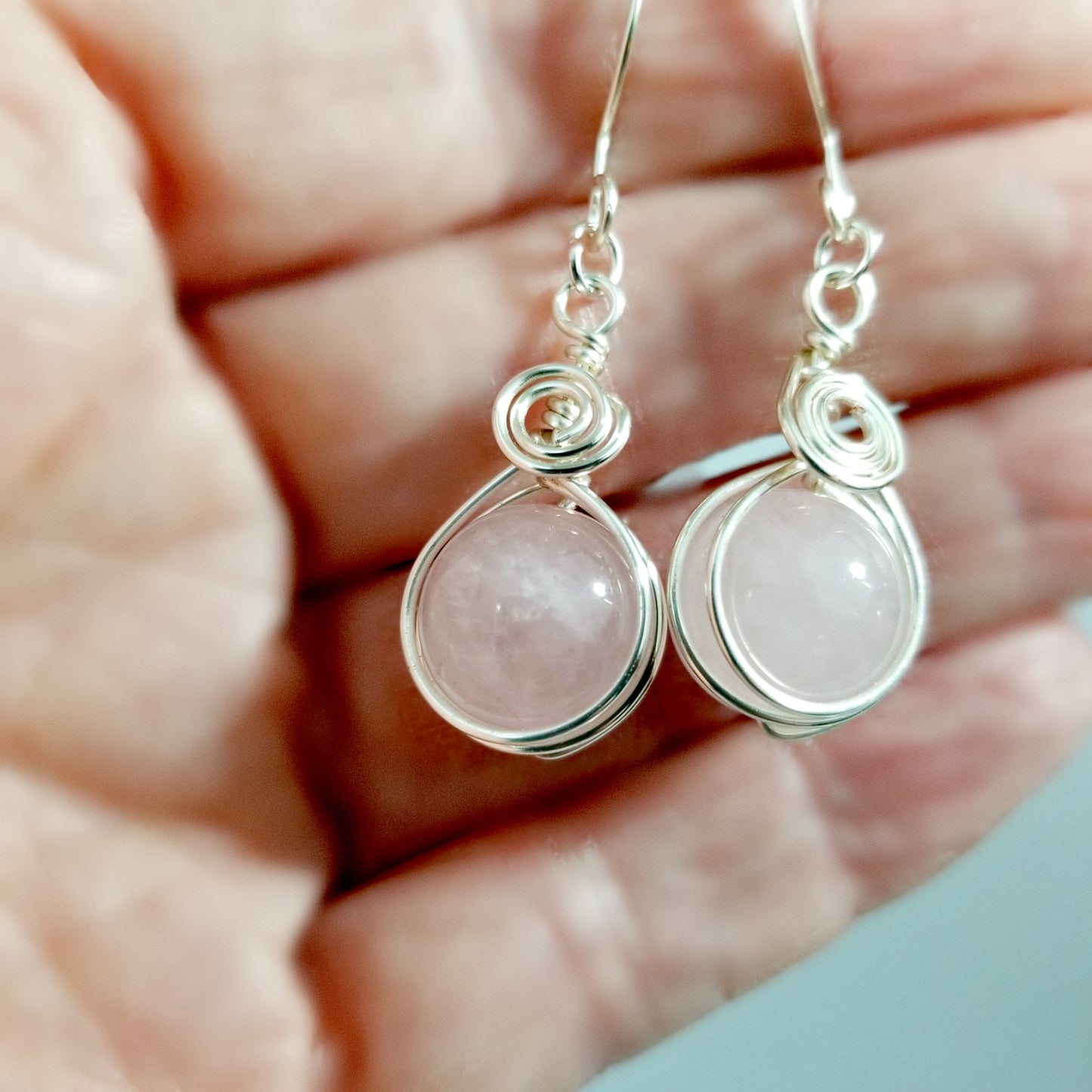 Rose Quartz Earrings, Pink Stone Earrings, Wire Wrapped Jewelry