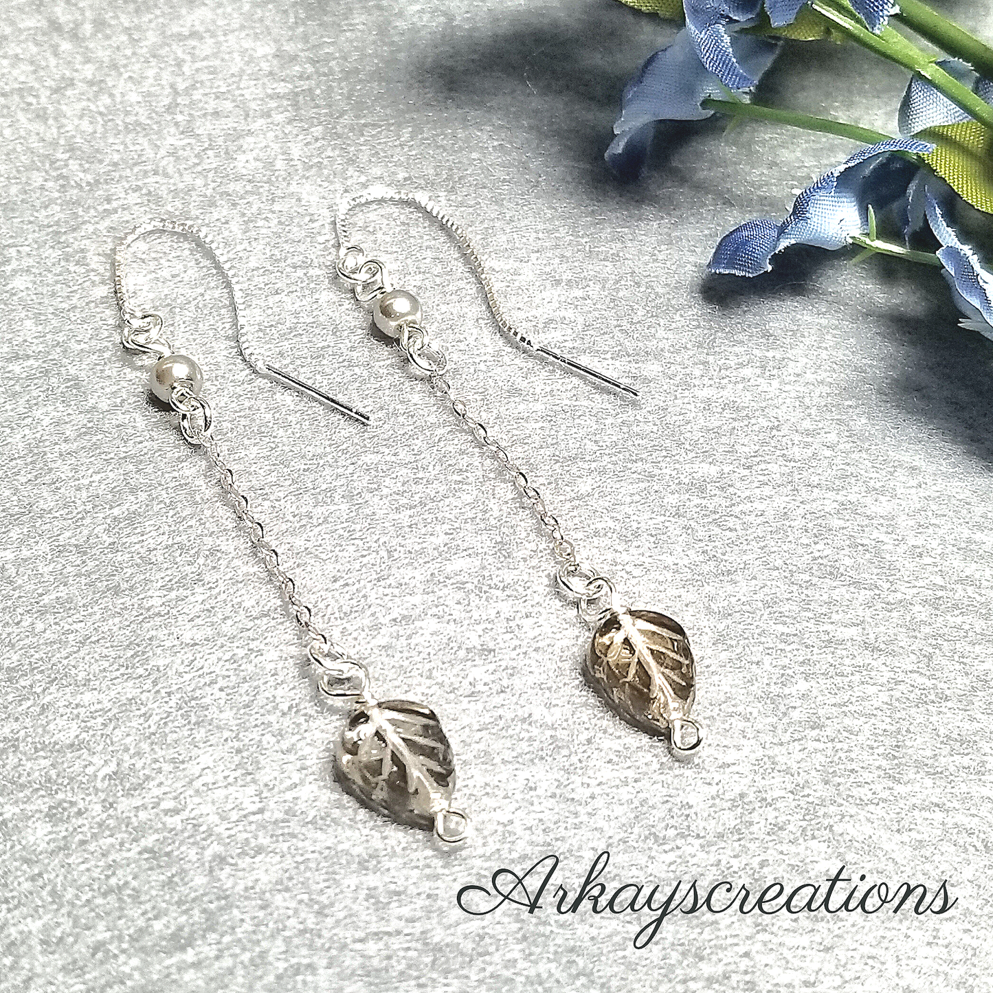 Threader Earrings Silver, Leaf Long Dangle Chain Earrings, Sterling Silver Jewelry