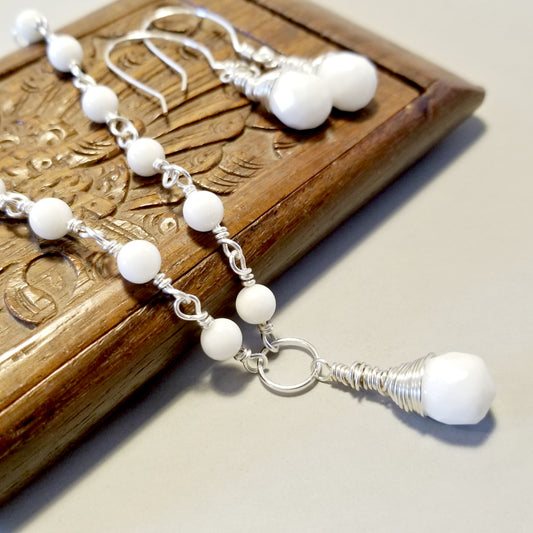 White Teardrop Necklace, Necklace Set, White Dangle Earrings