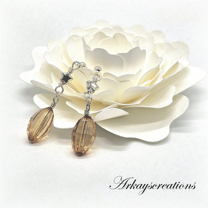 Artisan Amber Glow - Silver Star & Glass Drop Dangly Earrings