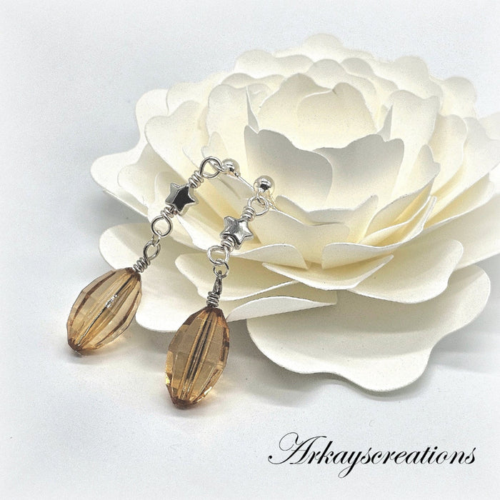Artisan Amber Glow - Silver Star & Glass Drop Dangly Earrings