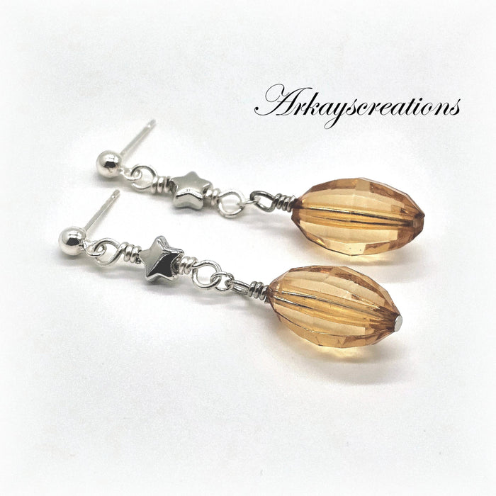 Artisan Amber Glow - Silver Star & Glass Drop Dangly Earrings