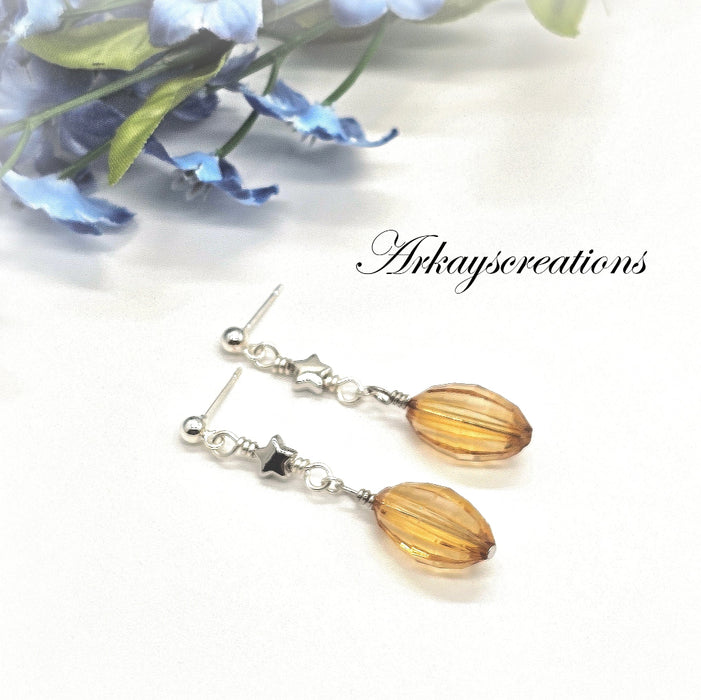 Artisan Amber Glow - Silver Star & Glass Drop Dangly Earrings