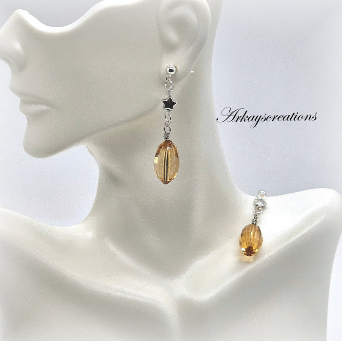 Artisan Amber Glow - Silver Star & Glass Drop Dangly Earrings