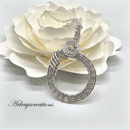 Circle Pendant Necklace, Wire Wrapped Jewelry, Woven Wire Karma Circle - Arkayscreations