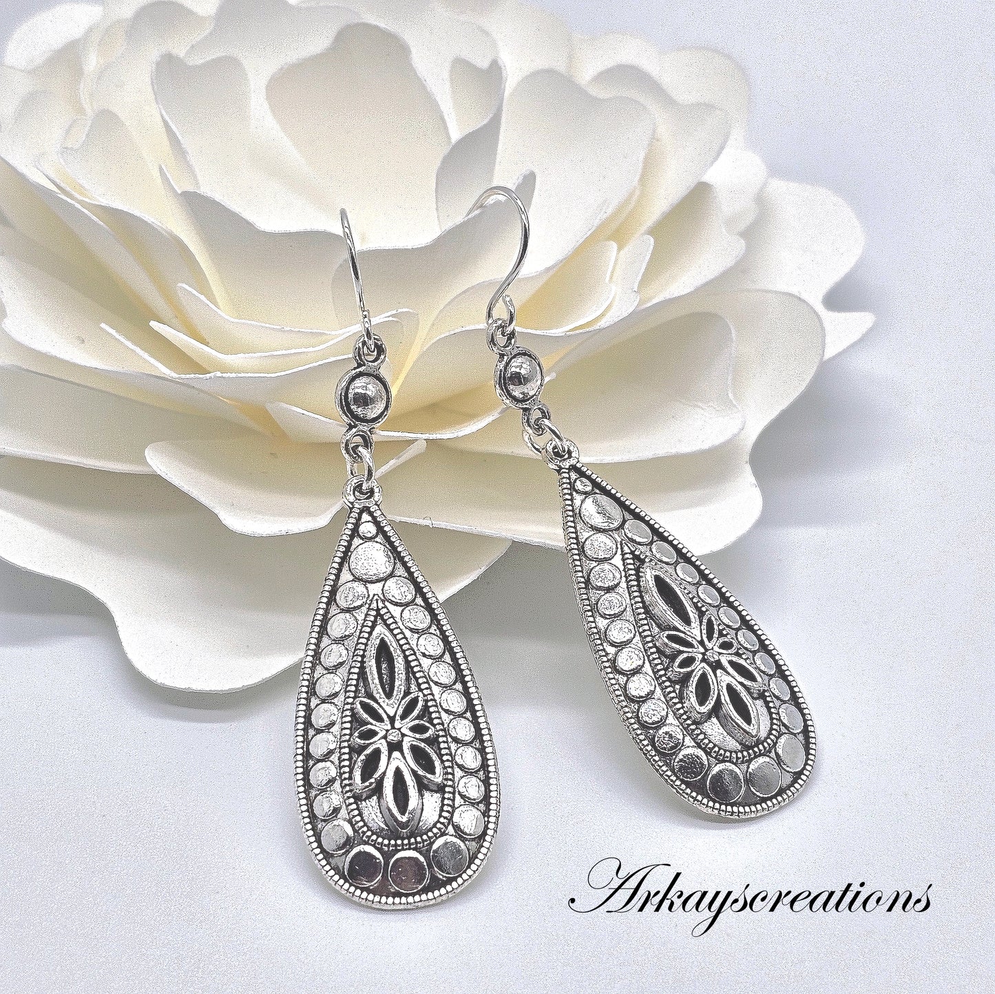 Embossed Silver Teardrop Earrings, Dangling Earrings