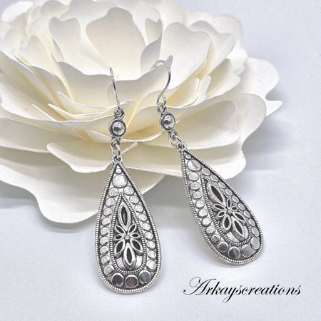 Embossed Silver Teardrop Earrings, Dangling Earrings - Arkayscreations