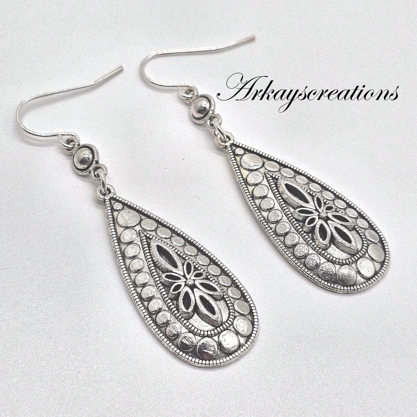 Embossed Silver Teardrop Earrings, Dangling Earrings