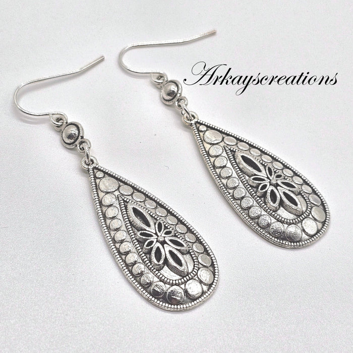 Embossed Silver Teardrop Earrings, Dangling Earrings - Arkayscreations