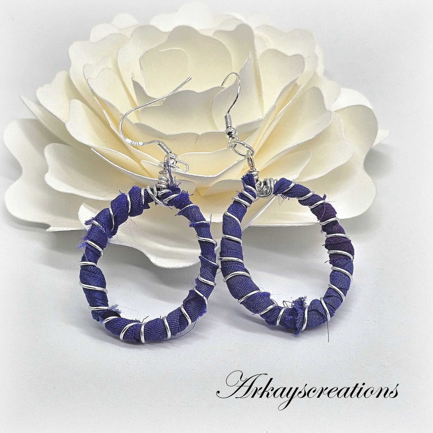 Indigo Twilight: Sari Silk Loop Earrings, 925 Sterling Silver Ear Hooks, Handcrafted Jewelry