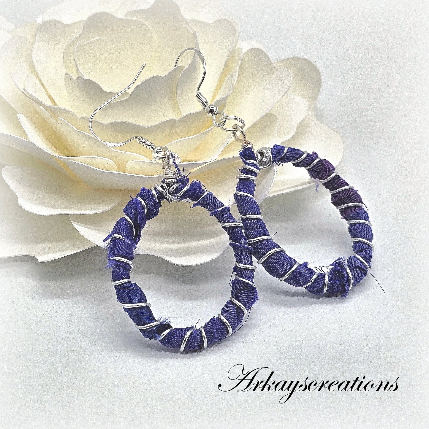 Indigo Twilight: Sari Silk Loop Earrings, 925 Sterling Silver Ear Hooks, Handcrafted Jewelry