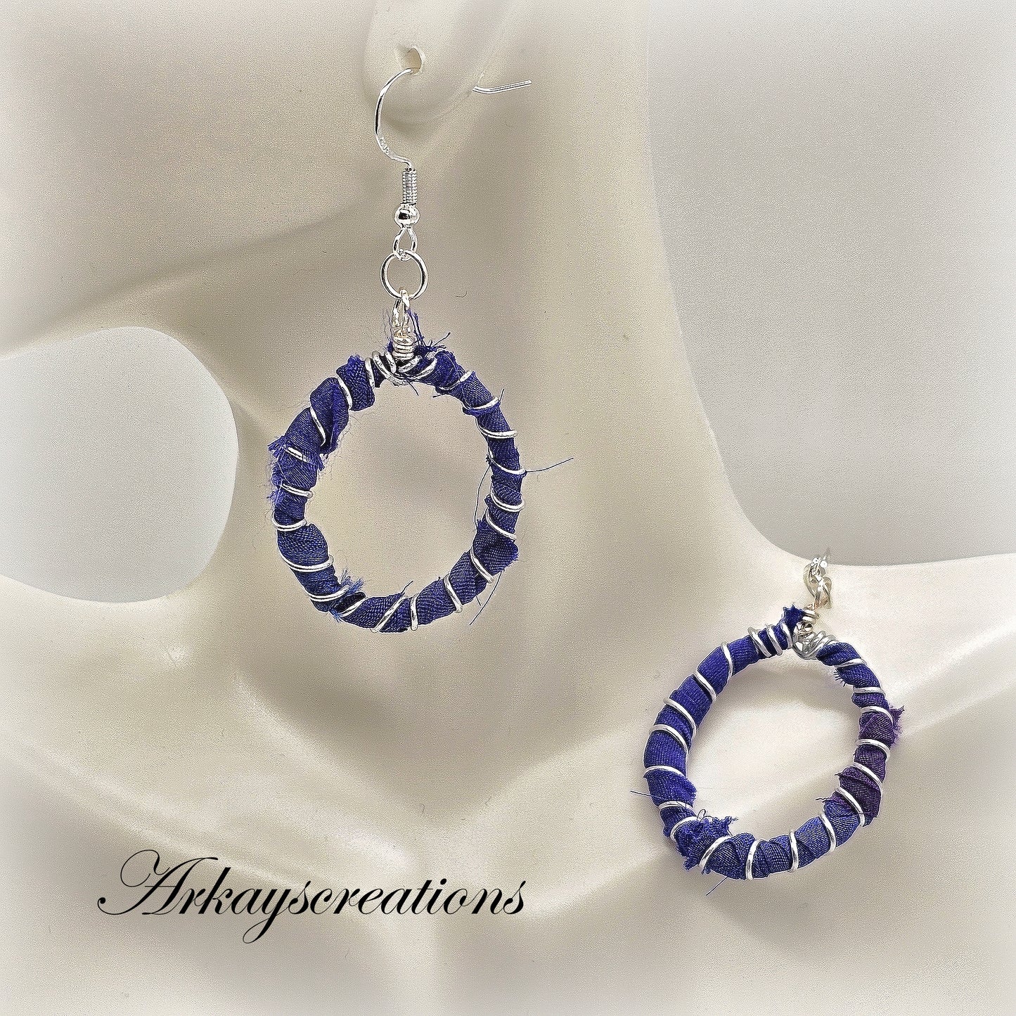 Indigo Twilight: Sari Silk Loop Earrings, 925 Sterling Silver Ear Hooks, Handcrafted Jewelry