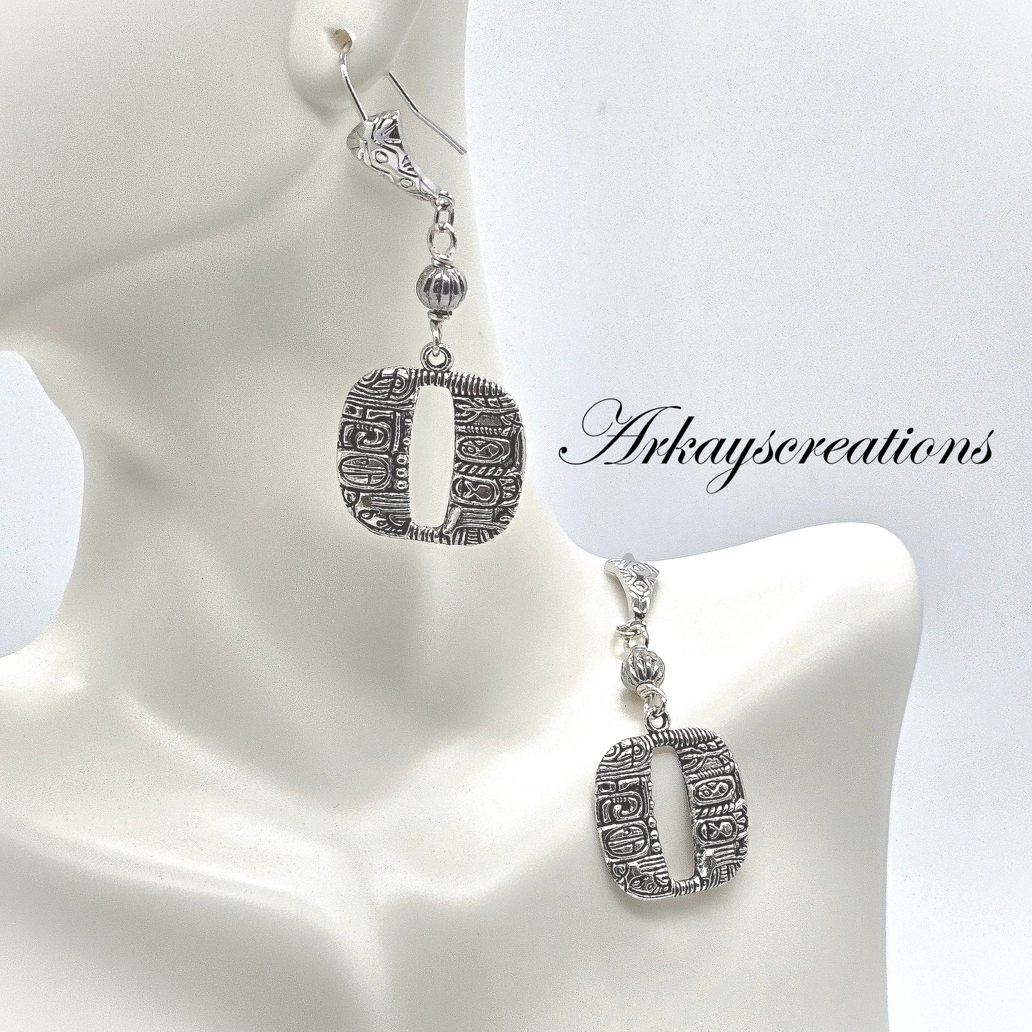 Handcrafted Silver Dangle Earrings with Mayan Tribal Designs, Boho Chic