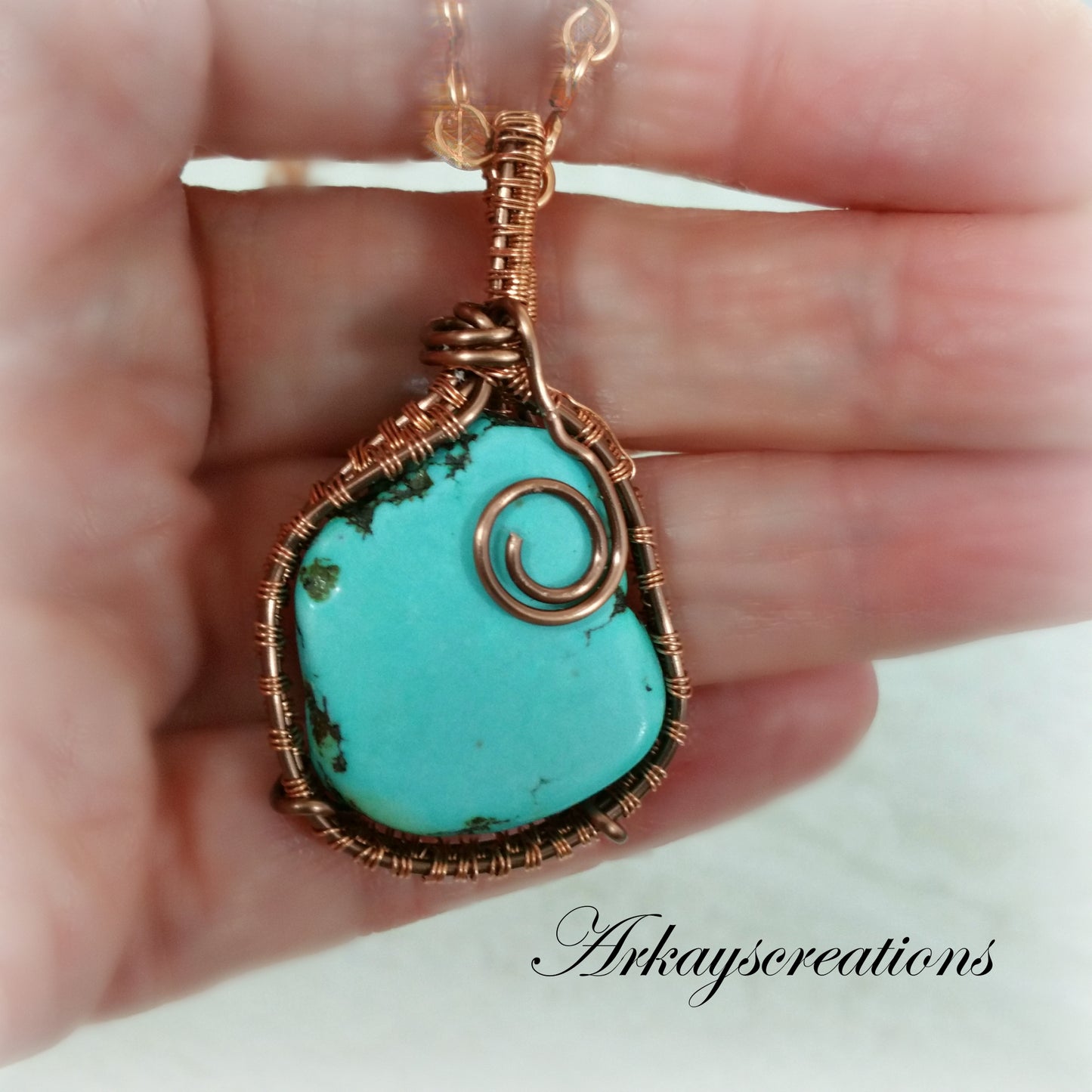 Wire Wrapped Blue Magnesite Turquoise Necklace, Copper Weave Jewelry