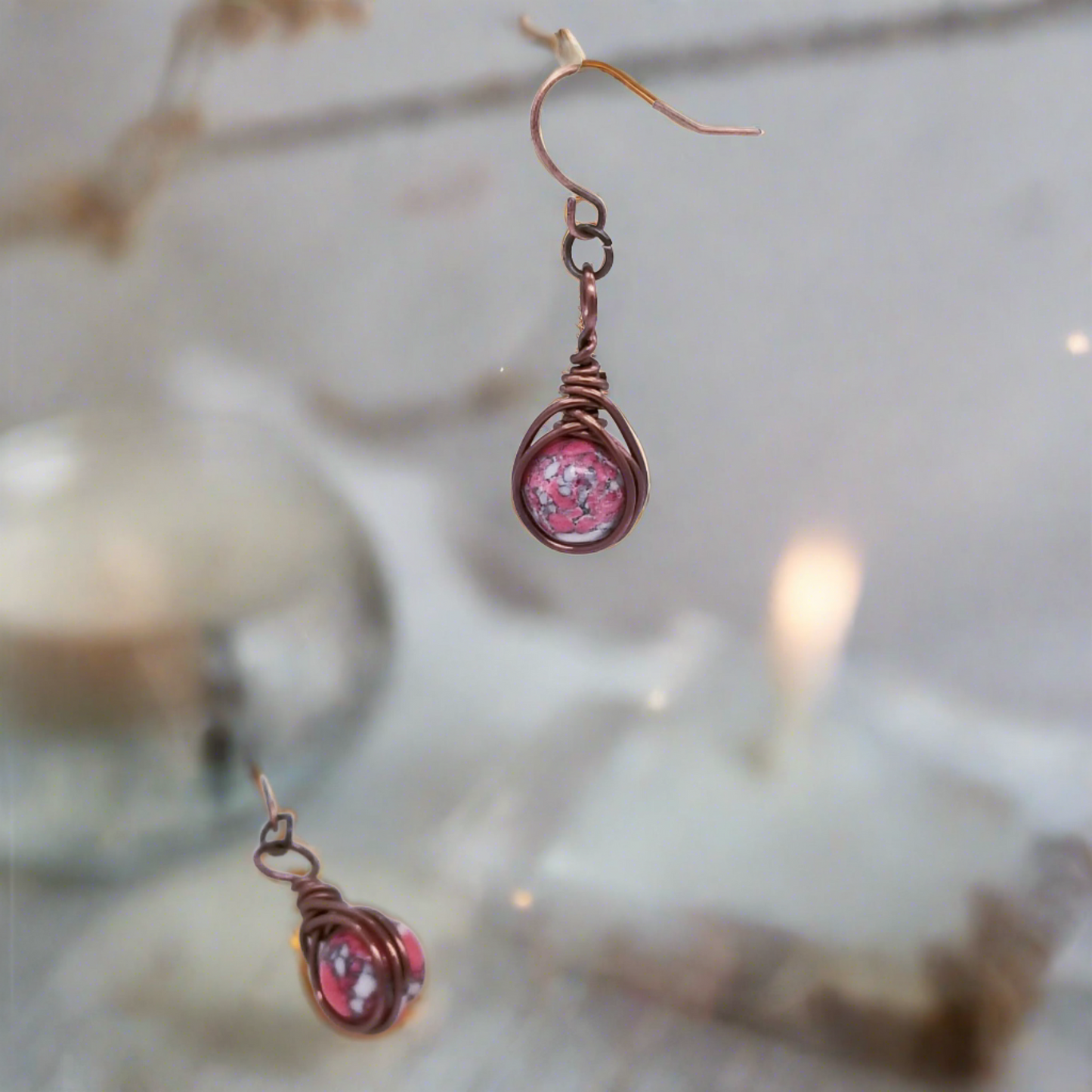 Unique Copper Red Mosiac Earrings, Herringbone Jewelry, Gift