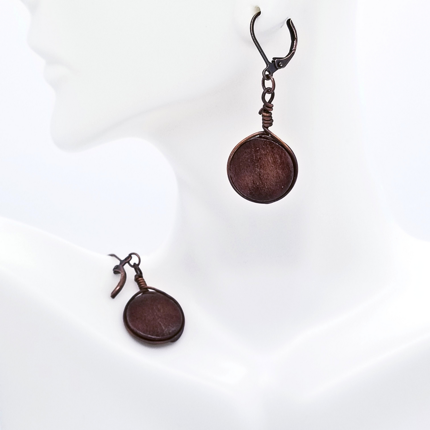 Wood Disc Earrings, Lightweight Earrings, Copper Jewelry