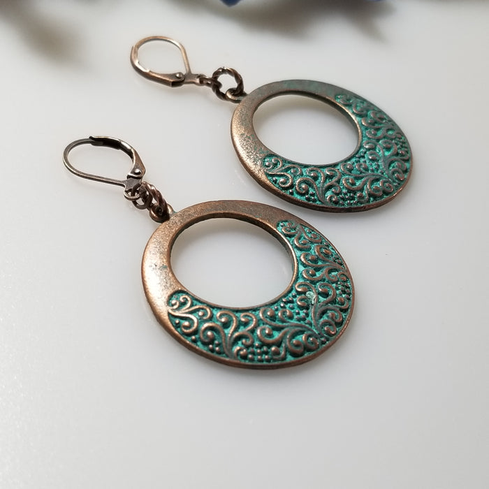 Lever Back Green Patina Copper Scroll Earrings - Arkayscreations