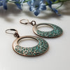 Lever Back Green Patina Copper Scroll Earrings - Arkayscreations
