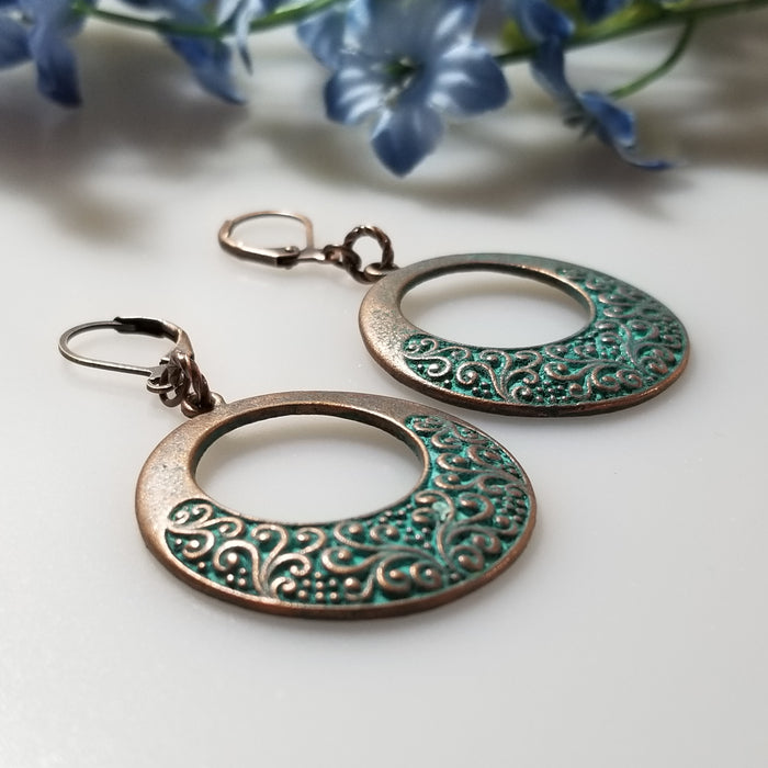 Lever Back Green Patina Copper Scroll Earrings - Arkayscreations