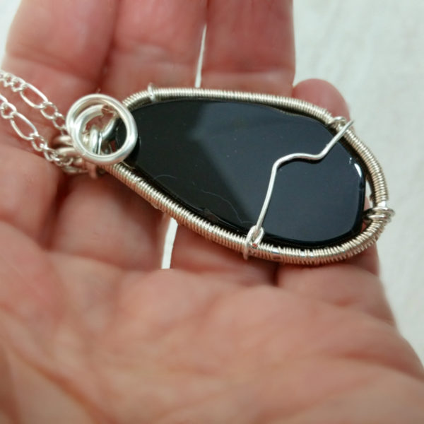 Agate Slice Pendant, Wire Wrapped Gemstone Necklace, Black Jewelry