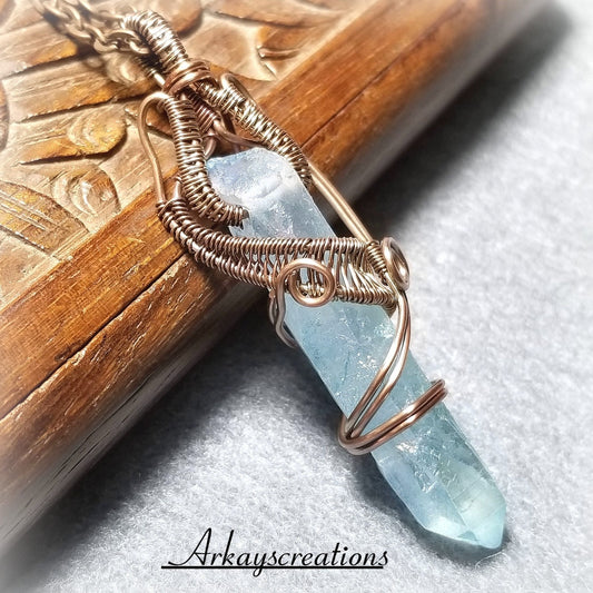 Aqua Aura Quartz Necklace, Wire Wrapped Blue Crystal