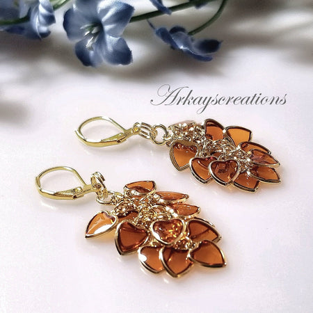 Autumn Earrings in Gold, Amber Hearts - Arkayscreations