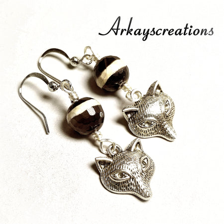 Banded Agate Silver Fox Earrings, Gift Idea - Arkayscreations