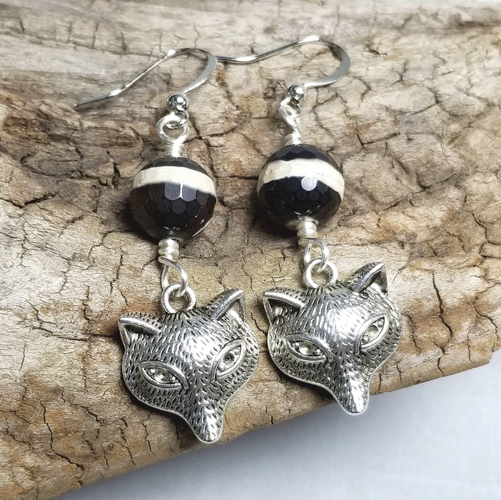 Banded Agate Silver Fox Earrings, Gift Idea - Arkayscreations